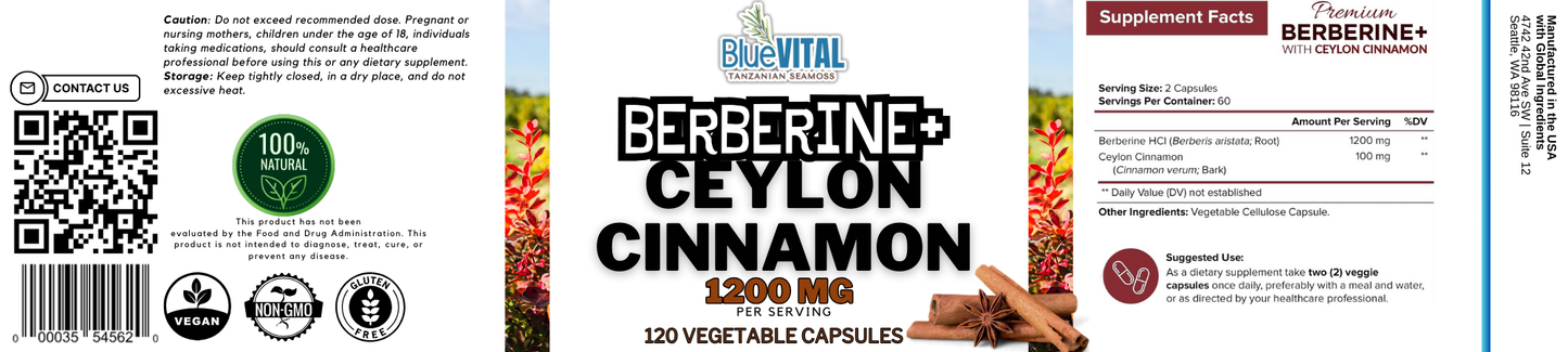 Premium Berberine HCL 1200mg + Ceylon Cinnamon 100mg, 120 count